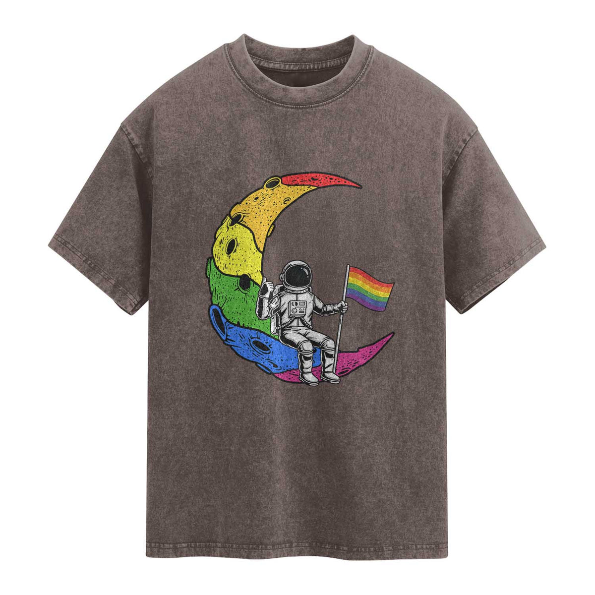 Rainbow Astronaut On The Moon LGBT Washed Cotton T-Shirt Spaceman Pride Month