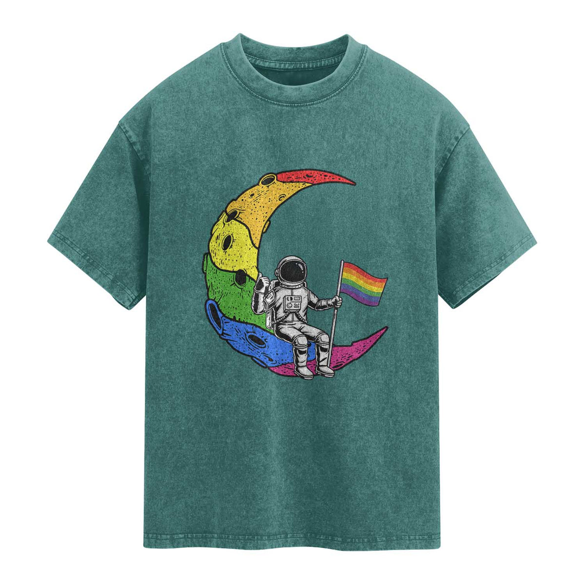 Rainbow Astronaut On The Moon LGBT Washed Cotton T-Shirt Spaceman Pride Month