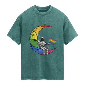 Rainbow Astronaut On The Moon LGBT Washed Cotton T-Shirt Spaceman Pride Month