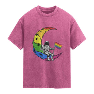 Rainbow Astronaut On The Moon LGBT Washed Cotton T-Shirt Spaceman Pride Month