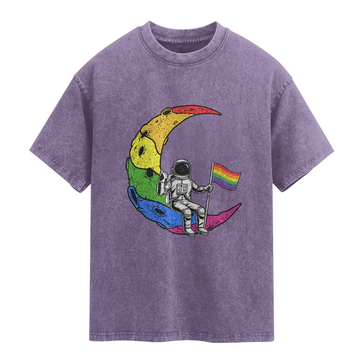 Rainbow Astronaut On The Moon LGBT Washed Cotton T-Shirt Spaceman Pride Month