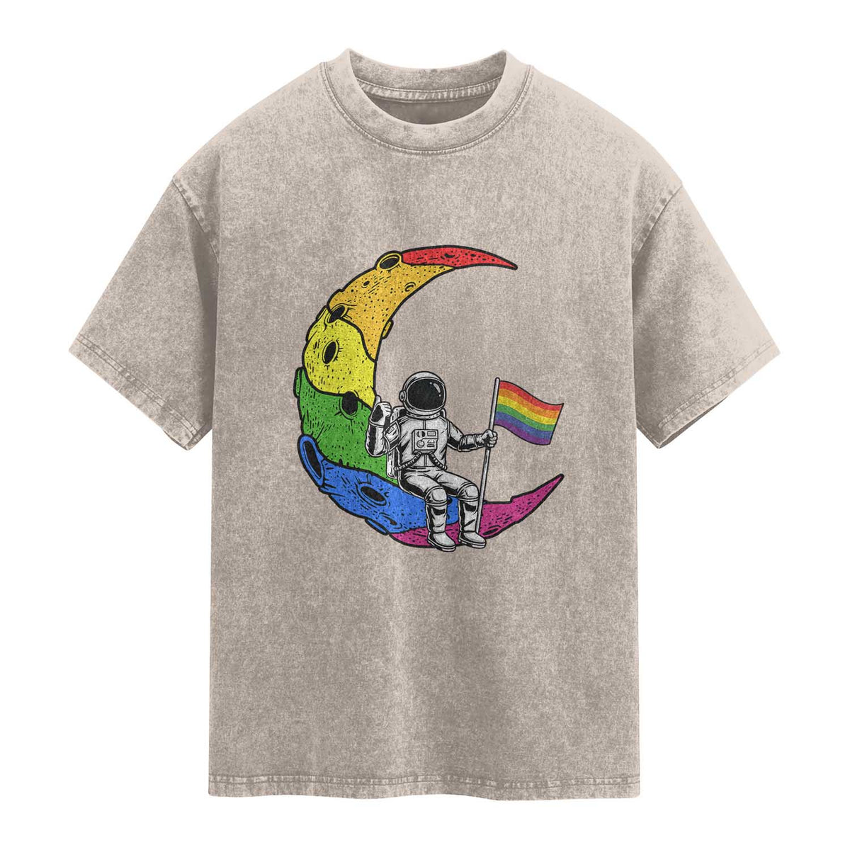 Rainbow Astronaut On The Moon LGBT Washed Cotton T-Shirt Spaceman Pride Month