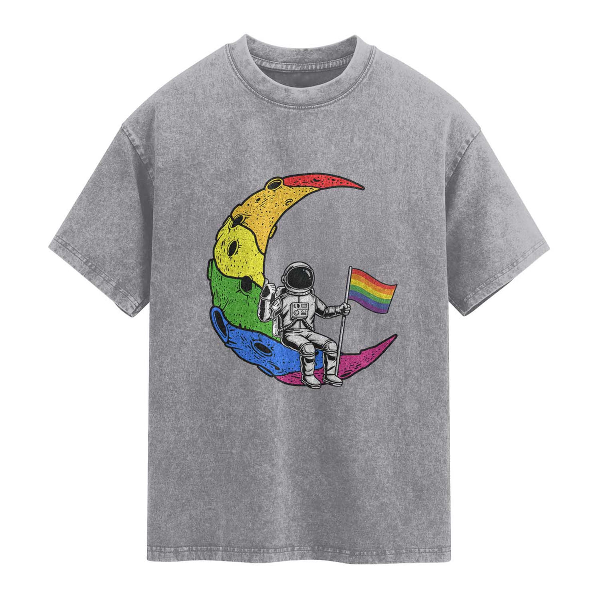 Rainbow Astronaut On The Moon LGBT Washed Cotton T-Shirt Spaceman Pride Month