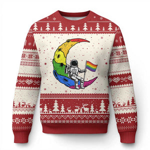 Rainbow Astronaut On The Moon LGBT Ugly Christmas Sweater Spaceman Pride Month TS12 Beige Red Print Your Wear