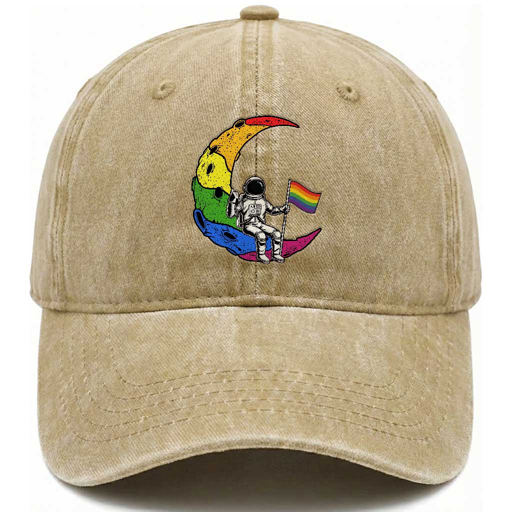 Rainbow Astronaut On The Moon LGBT Washed Cotton Baseball Cap Spaceman Pride Month TS12 Print Your Wear
