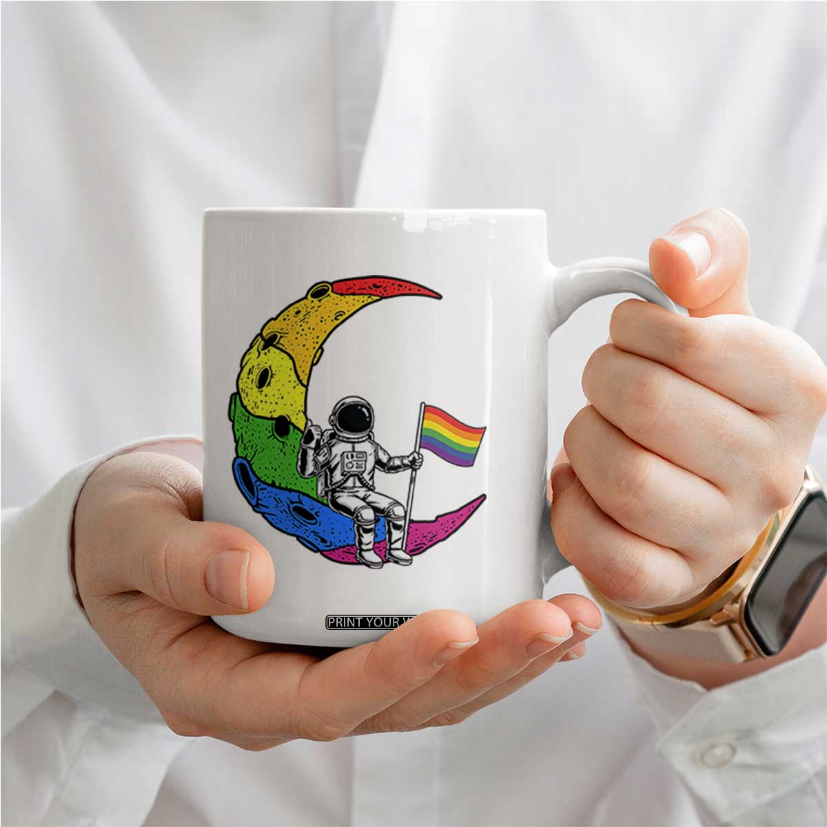 Rainbow Astronaut On The Moon LGBT Coffee Mug Spaceman Pride Month TS12 Print Your Wear