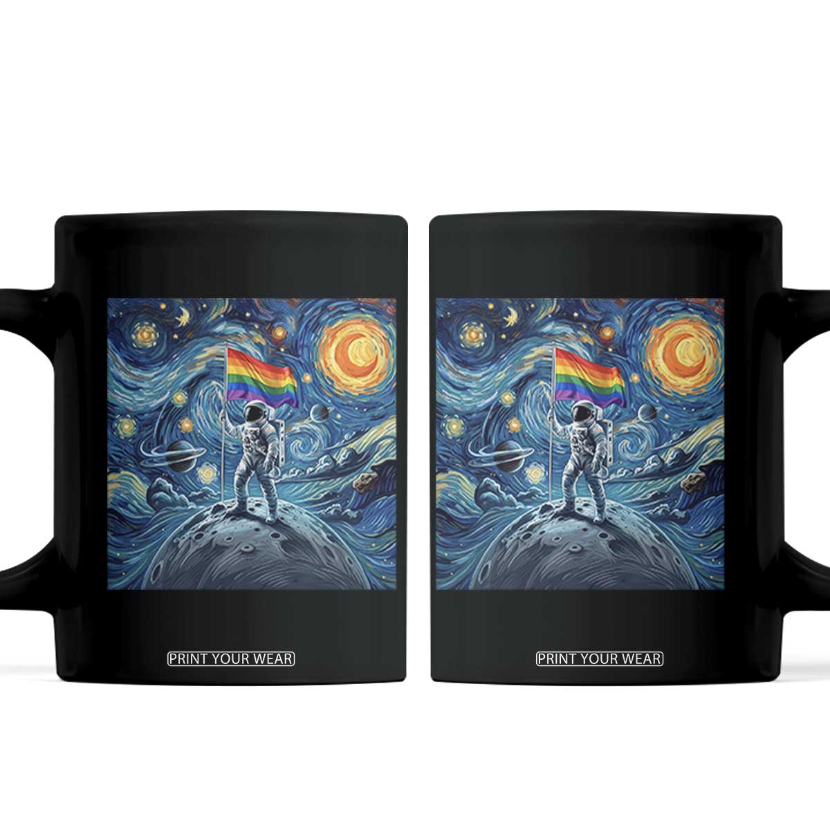 LGBTQ Rainbow Moon Astronaut Coffee Mug Starry Night Graphic TS12 Black Print Your Wear