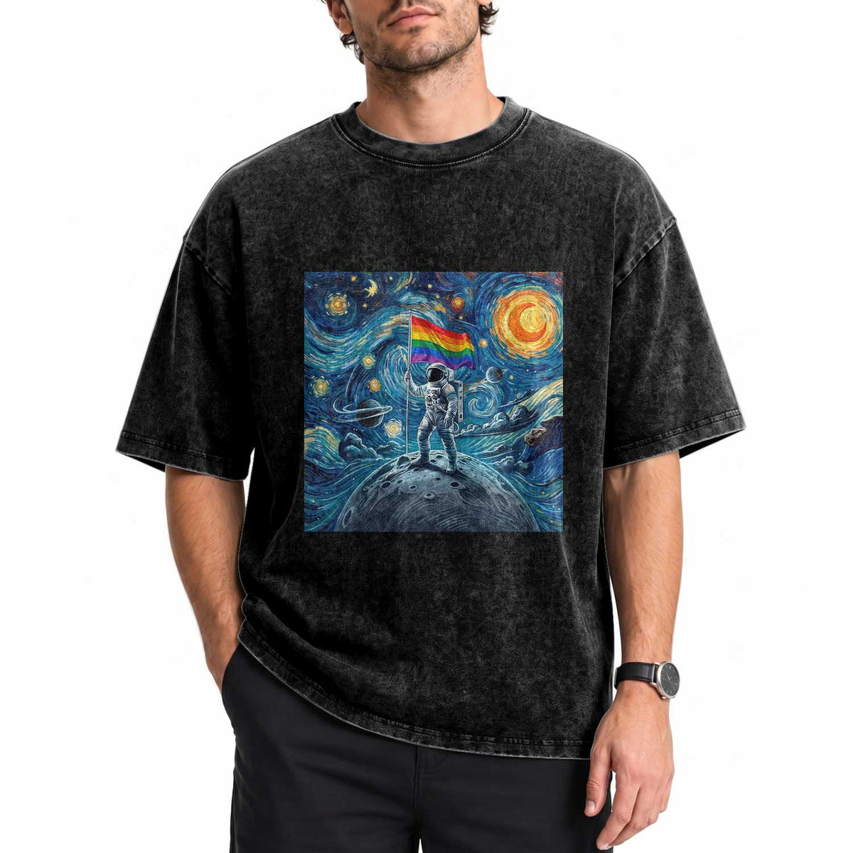 LGBTQ Rainbow Moon Astronaut Washed Cotton T-Shirt Starry Night Graphic