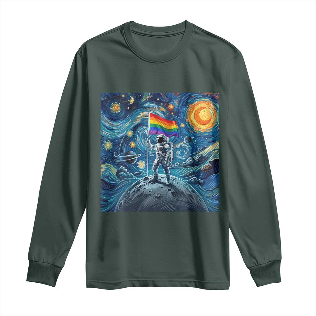 LGBTQ Rainbow Moon Astronaut Long Sleeve Shirt Starry Night Graphic TS12 Dark Forest Green Print Your Wear