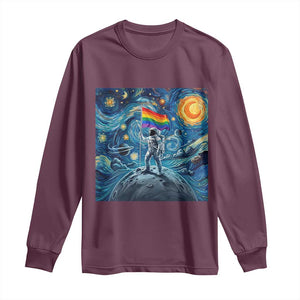 LGBTQ Rainbow Moon Astronaut Long Sleeve Shirt Starry Night Graphic TS12 Maroon Print Your Wear