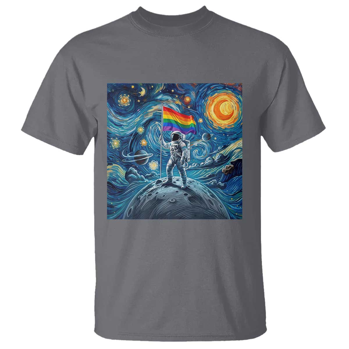 LGBTQ Rainbow Moon Astronaut T Shirt Starry Night Graphic TS12 Charcoal Print Your Wear