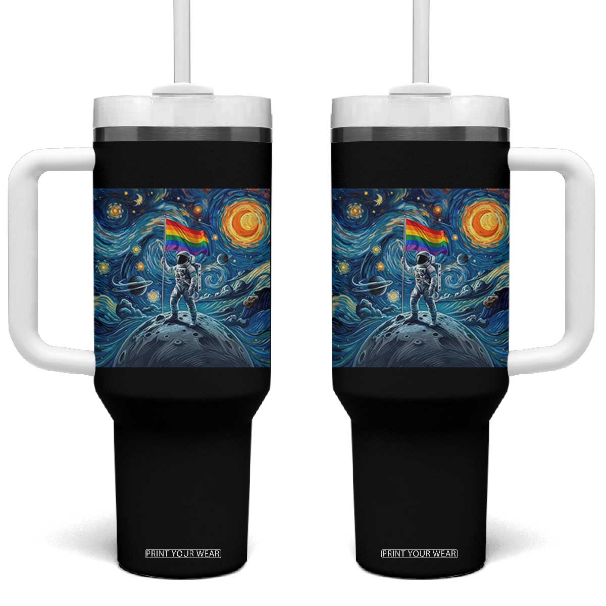 LGBTQ Rainbow Moon Astronaut Tumbler With Handle Starry Night Graphic TS12 One Size: 40 oz Black Print Your Wear
