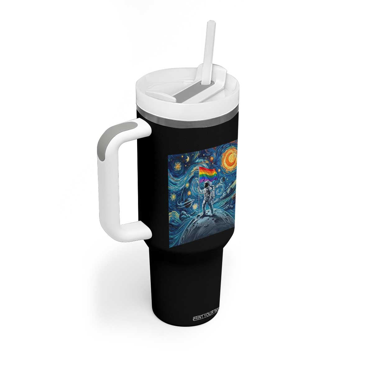 LGBTQ Rainbow Moon Astronaut Tumbler With Handle Starry Night Graphic TS12 Print Your Wear