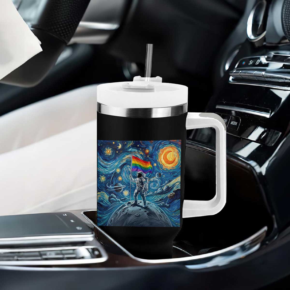 LGBTQ Rainbow Moon Astronaut Tumbler With Handle Starry Night Graphic TS12 Print Your Wear