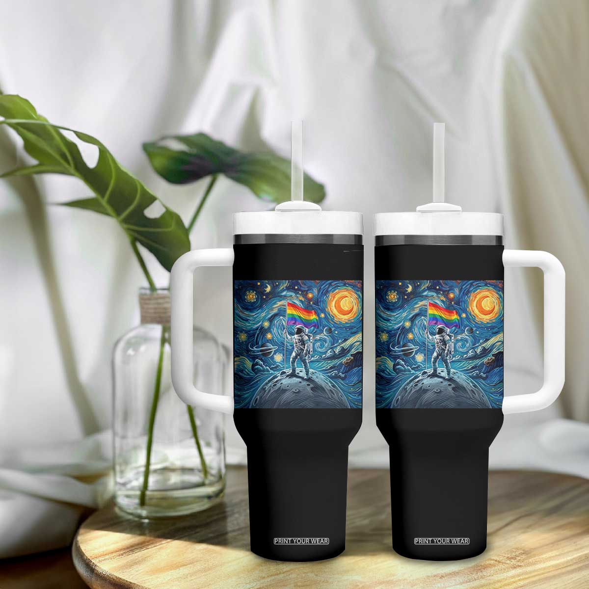 LGBTQ Rainbow Moon Astronaut Tumbler With Handle Starry Night Graphic TS12 Print Your Wear
