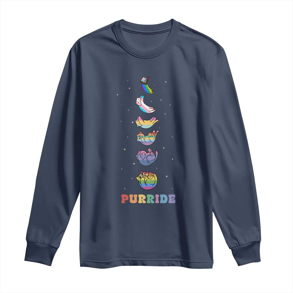 Purride Rainbow Cat Moon Cycles Long Sleeve Shirt LGBQT Pride Feline Space TS12 Navy Print Your Wear