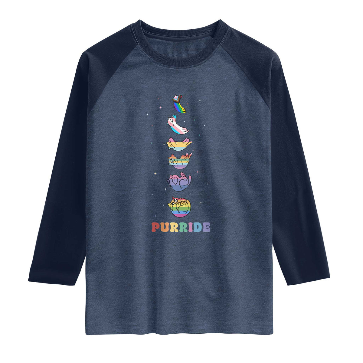 Purride Rainbow Cat Moon Cycles Raglan Shirt LGBQT Pride Feline Space TS12 Heather Denim Navy Print Your Wear