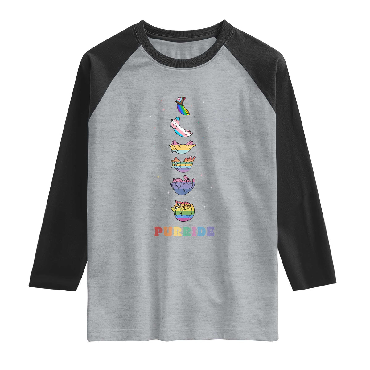 Purride Rainbow Cat Moon Cycles Raglan Shirt LGBQT Pride Feline Space TS12 Heather Gray Black Print Your Wear