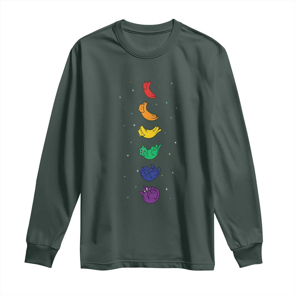Funny Purride Cats In Space Rainbow Long Sleeve Shirt LGBQT Pride Feline Space TS12 Dark Forest Green Print Your Wear
