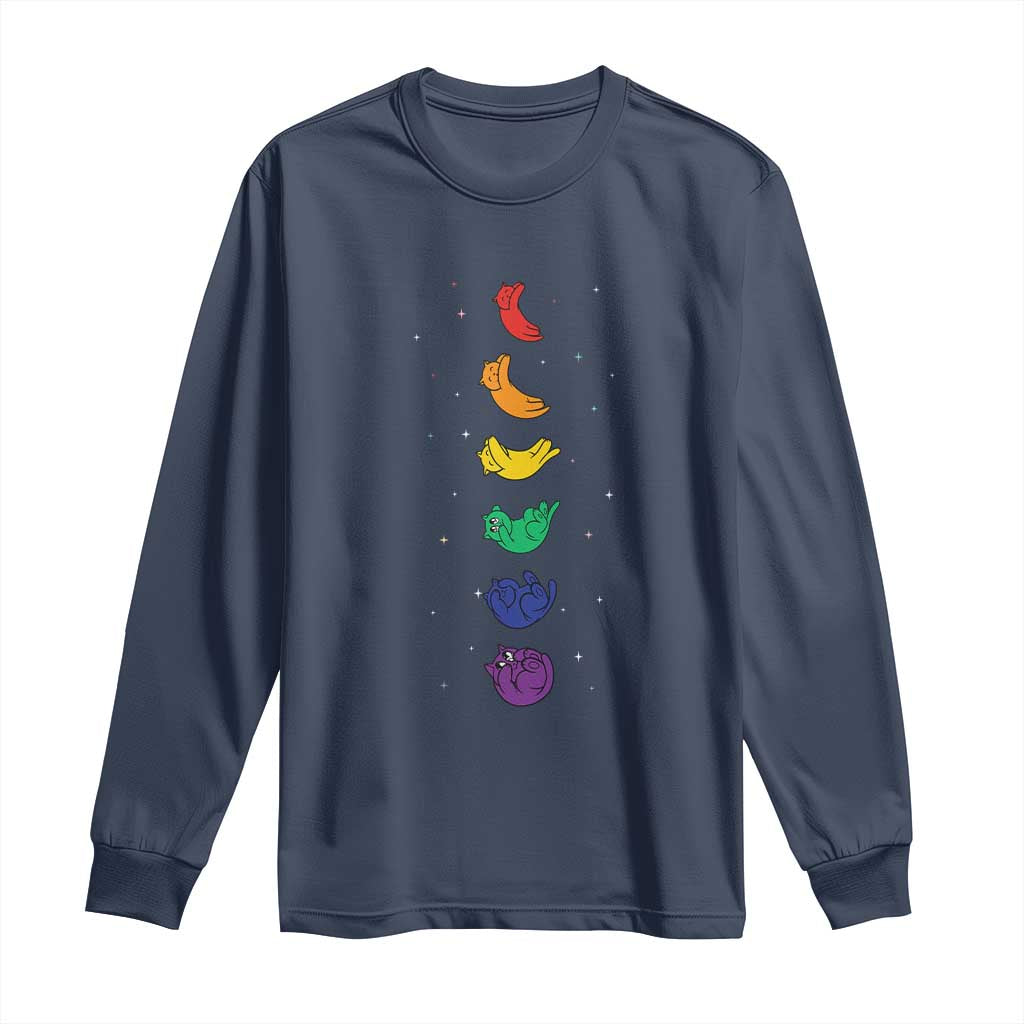 Funny Purride Cats In Space Rainbow Long Sleeve Shirt LGBQT Pride Feline Space TS12 Navy Print Your Wear