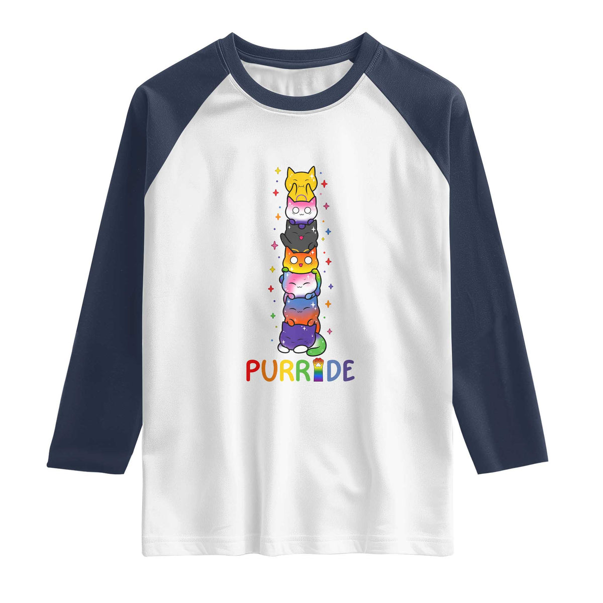 Funny Purride Stacked Cats Pride Raglan Shirt Cute LGBTQ Cat Lover TS12 White Navy Print Your Wear