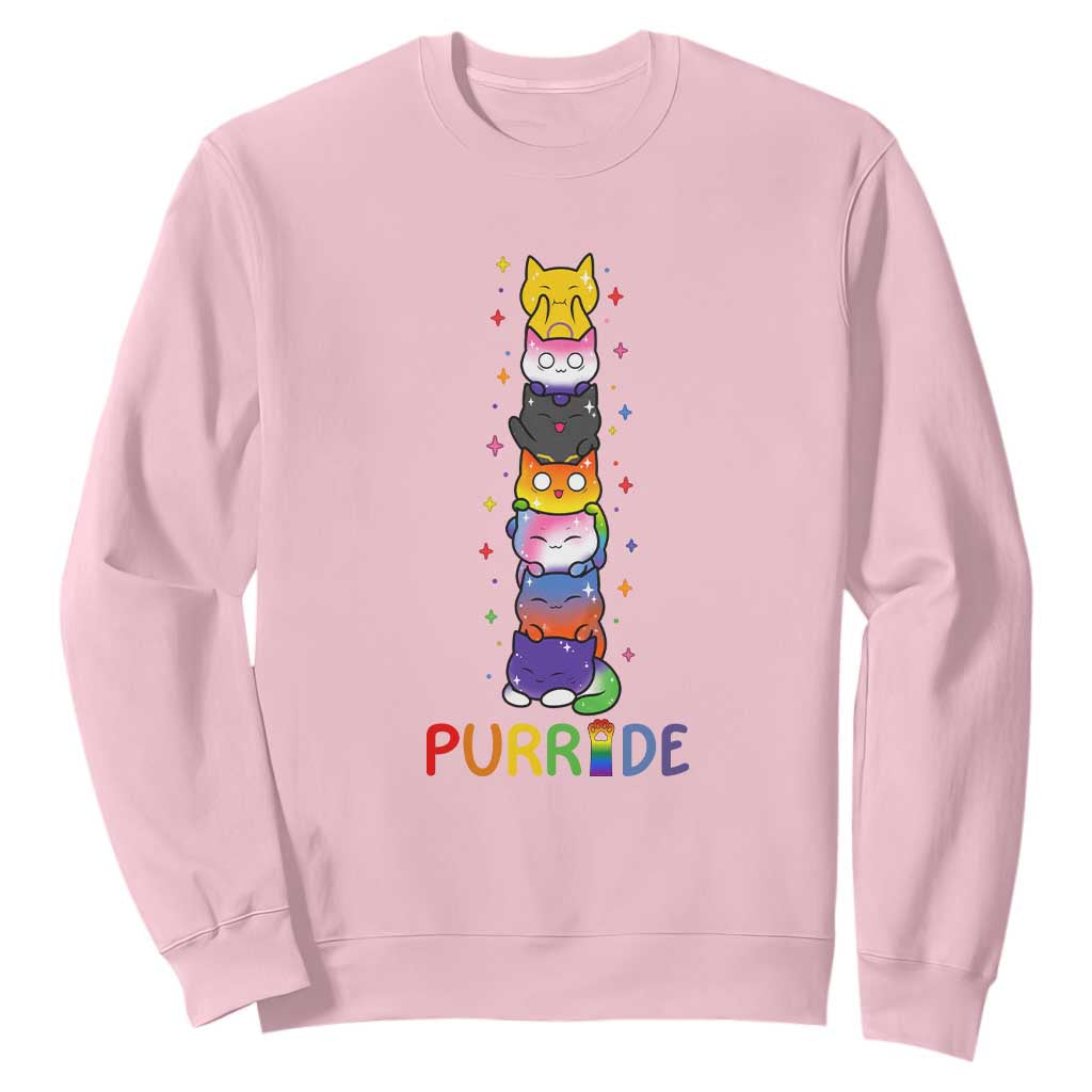 Funny Purride Stacked Cats Pride Sweatshirt Cute LGBTQ Cat Lover TS12 Light Pink Print Your Wear
