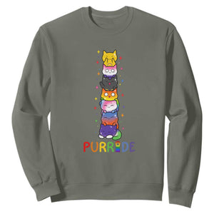Funny Purride Stacked Cats Pride Sweatshirt Cute LGBTQ Cat Lover TS12 Military Green Print Your Wear
