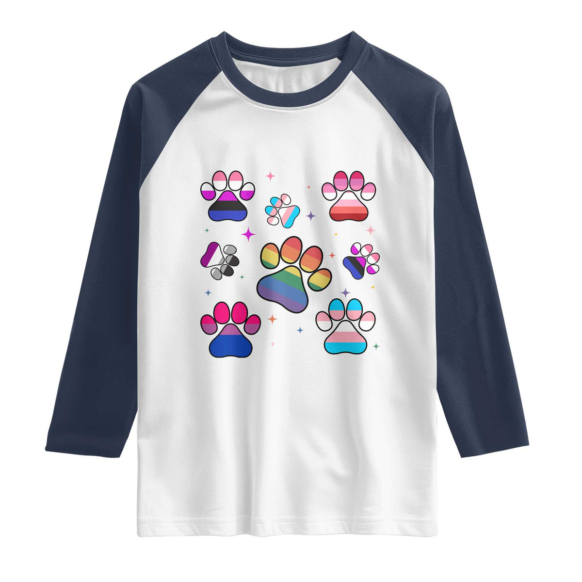 Funny Rainbow Paw Print Pride Raglan Shirt LGBTQ Pet Lover TS12 White Navy Print Your Wear