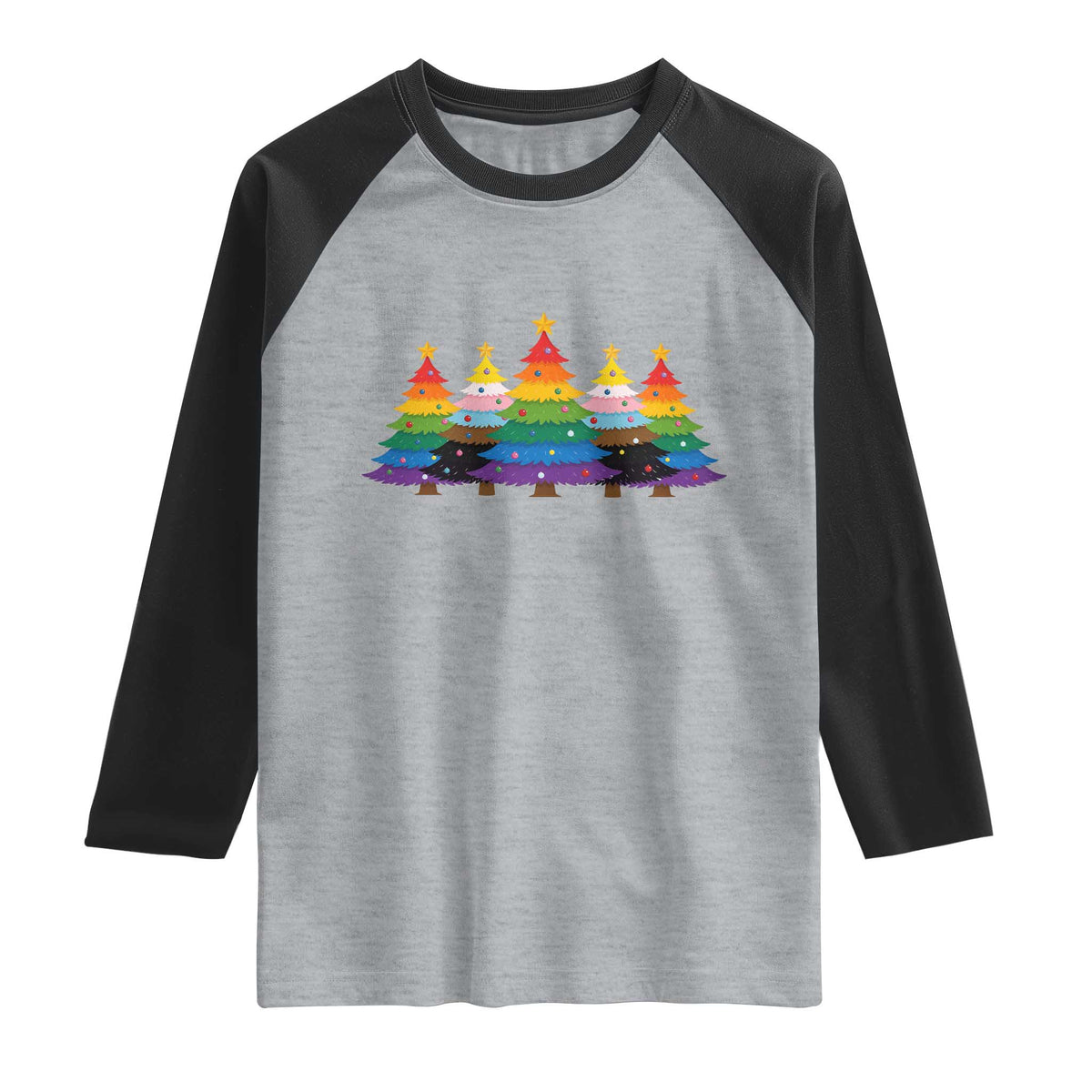 Christmas Rainbow Tree LGBTQ Support Raglan Shirt Holiday Pride Gift TS12 Heather Gray Black Print Your Wear