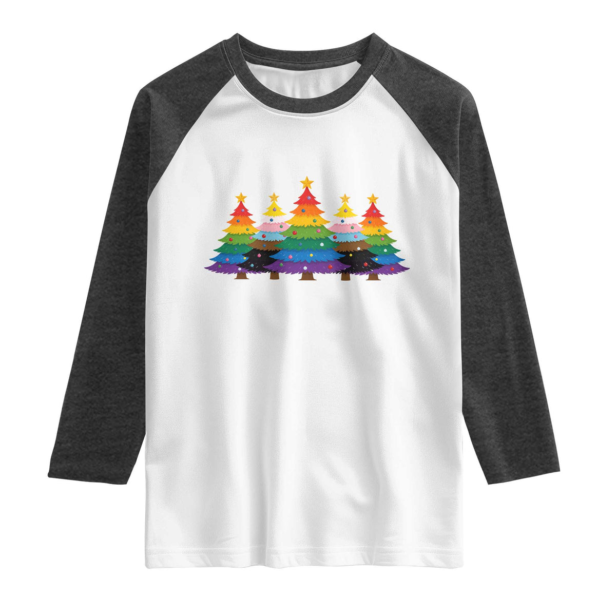 Christmas Rainbow Tree LGBTQ Support Raglan Shirt Holiday Pride Gift TS12 White Heather Charcoal Print Your Wear