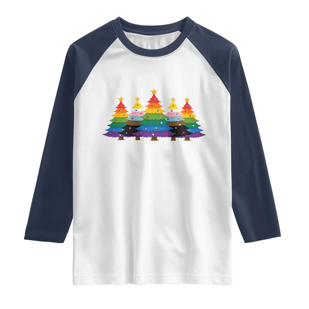 Christmas Rainbow Tree LGBTQ Support Raglan Shirt Holiday Pride Gift TS12 White Navy Print Your Wear