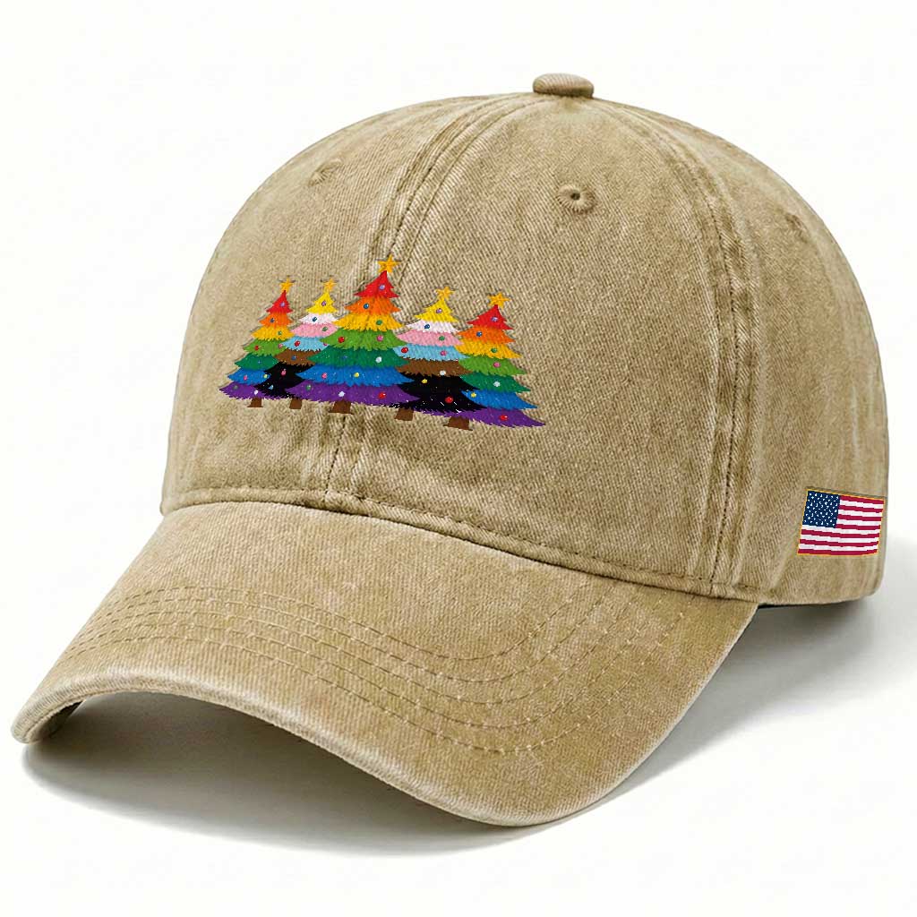 Christmas Rainbow Tree LGBTQ Support Washed Cotton Baseball Cap Holiday Pride Gift TS12 Print Your Wear