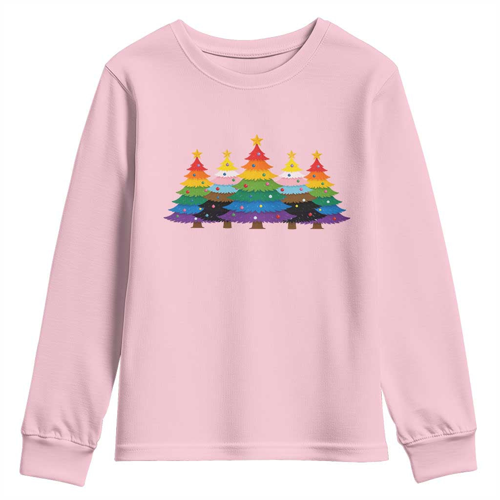 Christmas Rainbow Tree LGBTQ Support Youth Sweatshirt Holiday Pride Gift TS12 Light Pink Print Your Wear