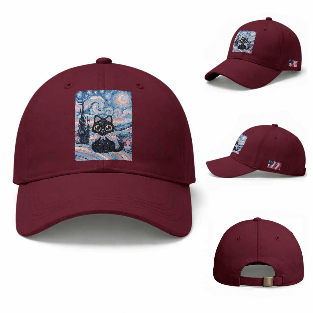 Funny Transgender Cat Starry Night Baseball Cap LGBTQ Pride Support Gift TS12 Baseball Cap Universal Fit Maroon Print Your Wear