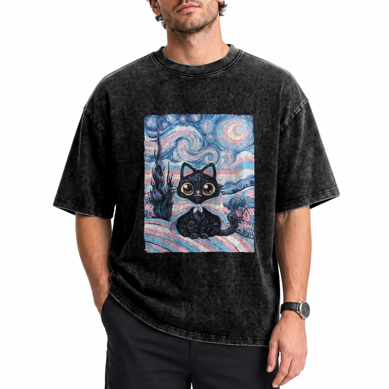 Funny Transgender Cat Starry Night Washed Cotton T-Shirt LGBTQ Pride Support Gift