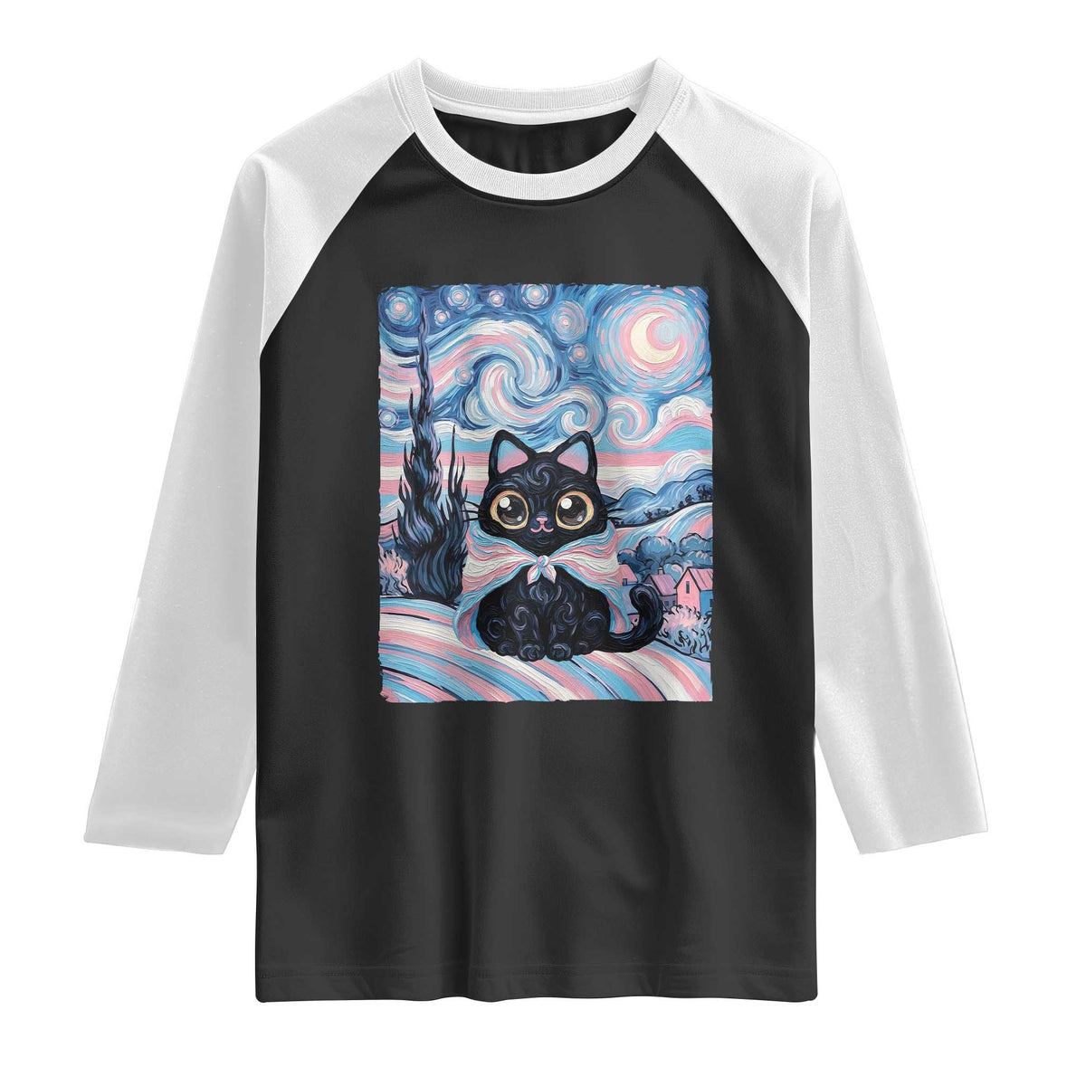 Funny Transgender Cat Starry Night Raglan Shirt LGBTQ Pride Support Gift TS12 Black White Print Your Wear