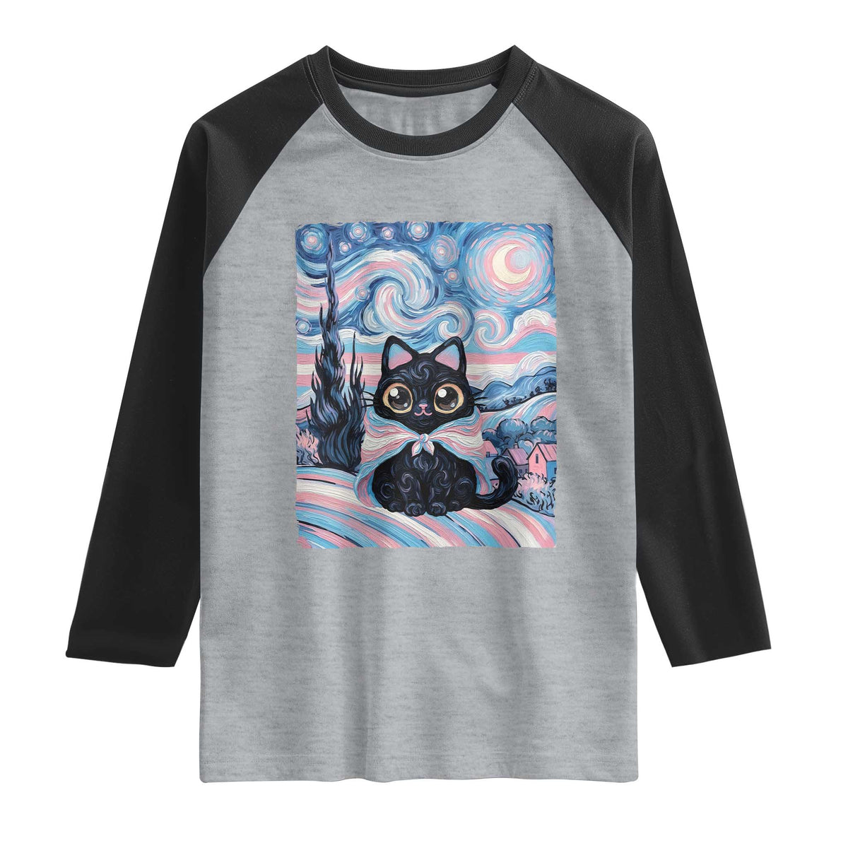Funny Transgender Cat Starry Night Raglan Shirt LGBTQ Pride Support Gift TS12 Heather Gray Black Print Your Wear