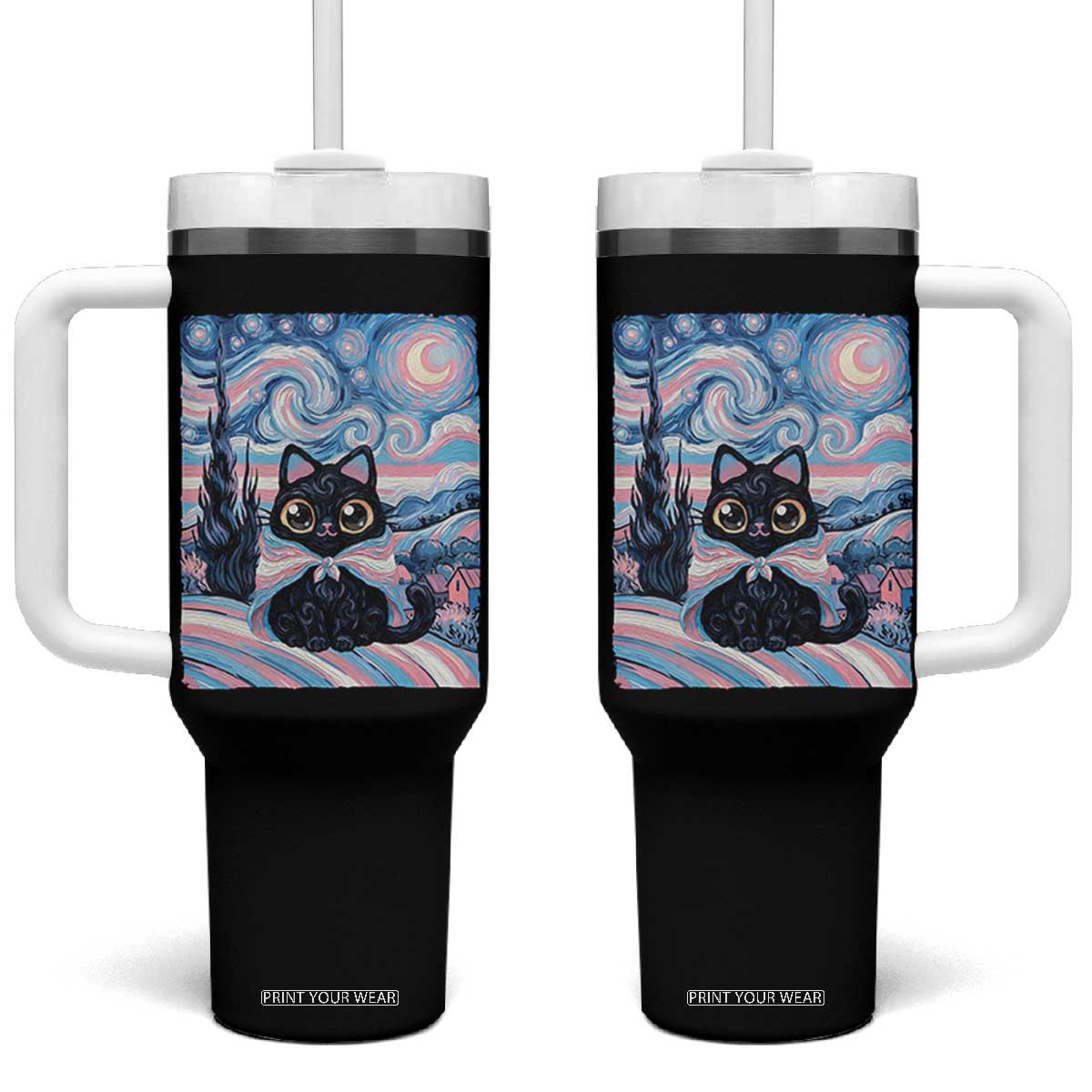 Funny Transgender Cat Starry Night Tumbler With Handle LGBTQ Pride Support Gift TS12 One Size: 40 oz Black Print Your Wear
