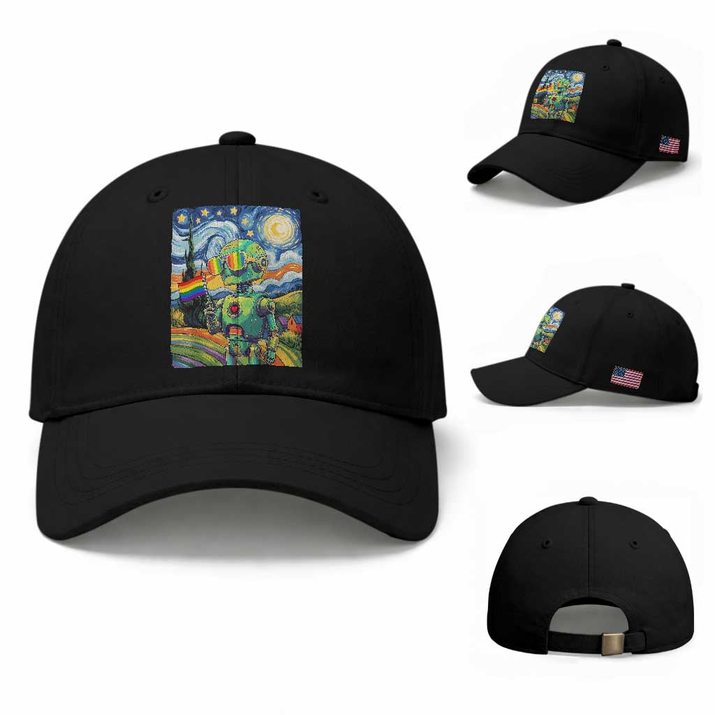 Funny Rainbow Starry Night Robot Pride Baseball Cap LGBTQ Geeky Gift TS12 Baseball Cap Universal Fit Black Print Your Wear