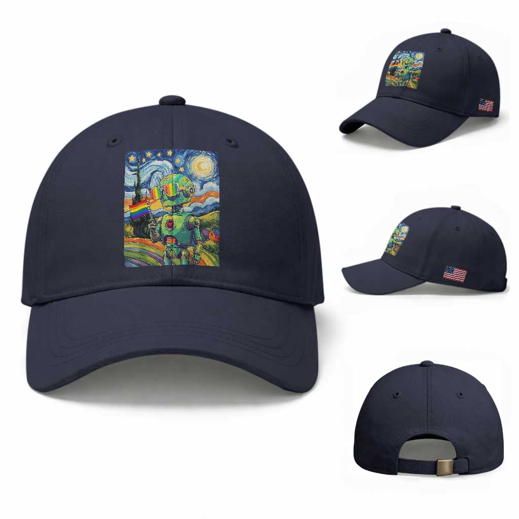 Funny Rainbow Starry Night Robot Pride Baseball Cap LGBTQ Geeky Gift TS12 Baseball Cap Universal Fit Navy Print Your Wear