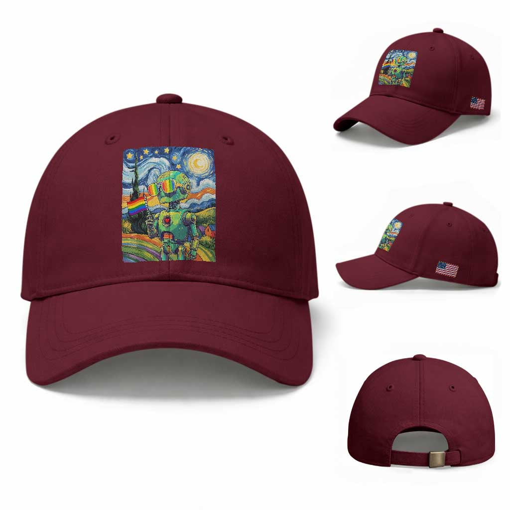 Funny Rainbow Starry Night Robot Pride Baseball Cap LGBTQ Geeky Gift TS12 Baseball Cap Universal Fit Maroon Print Your Wear
