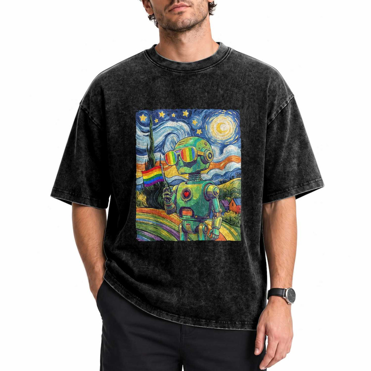 Funny Rainbow Starry Night Robot Pride Washed Cotton T-Shirt LGBTQ Geeky Gift