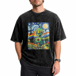Funny Rainbow Starry Night Robot Pride Washed Cotton T-Shirt LGBTQ Geeky Gift