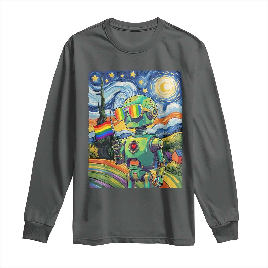 Funny Rainbow Starry Night Robot Pride Long Sleeve Shirt LGBTQ Geeky Gift TS12 Dark Heather Print Your Wear