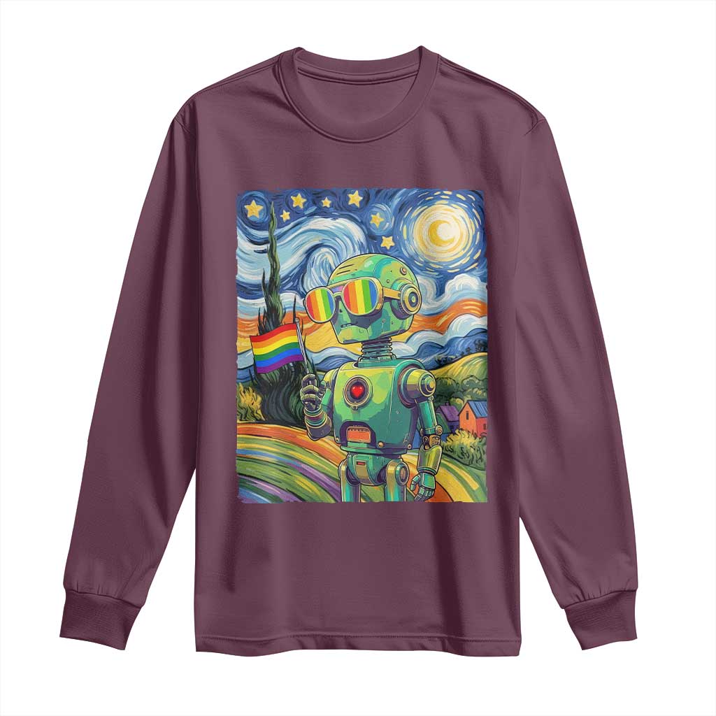 Funny Rainbow Starry Night Robot Pride Long Sleeve Shirt LGBTQ Geeky Gift TS12 Maroon Print Your Wear