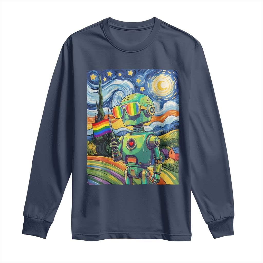 Funny Rainbow Starry Night Robot Pride Long Sleeve Shirt LGBTQ Geeky Gift TS12 Navy Print Your Wear