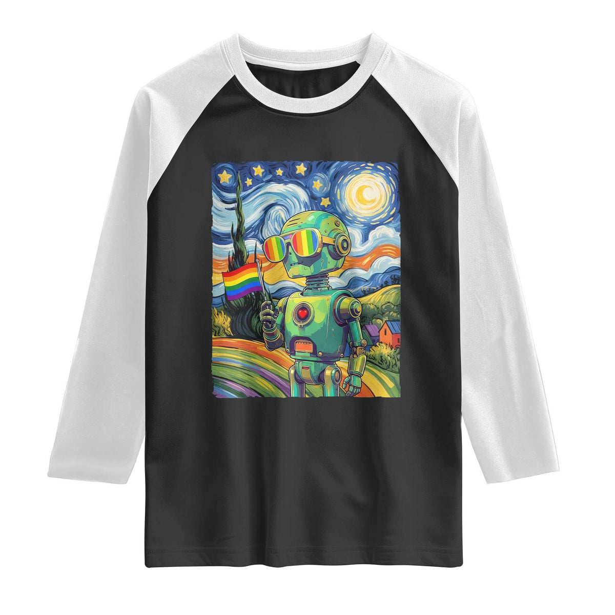 Funny Rainbow Starry Night Robot Pride Raglan Shirt LGBTQ Geeky Gift TS12 Black White Print Your Wear
