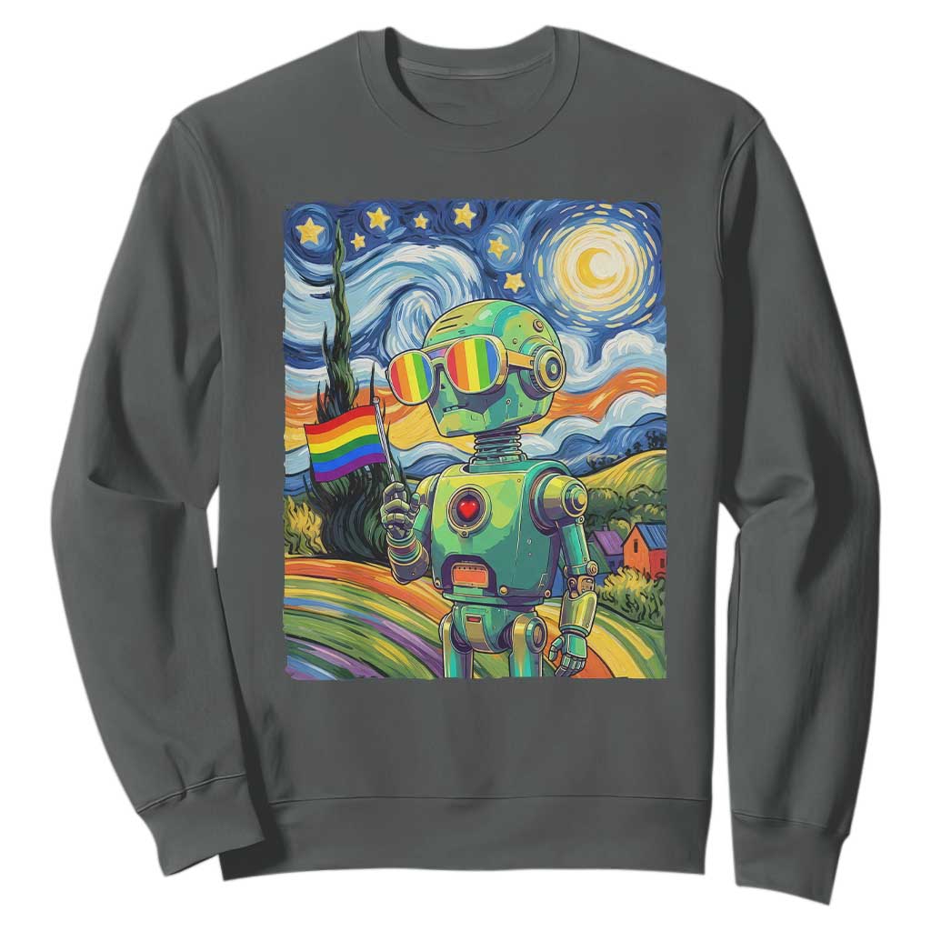 Funny Rainbow Starry Night Robot Pride Sweatshirt LGBTQ Geeky Gift TS12 Dark Heather Print Your Wear