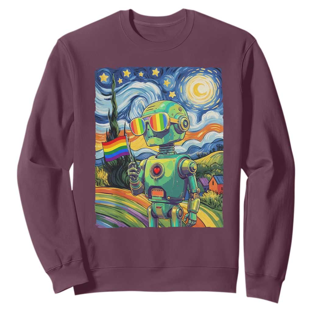 Funny Rainbow Starry Night Robot Pride Sweatshirt LGBTQ Geeky Gift TS12 Maroon Print Your Wear