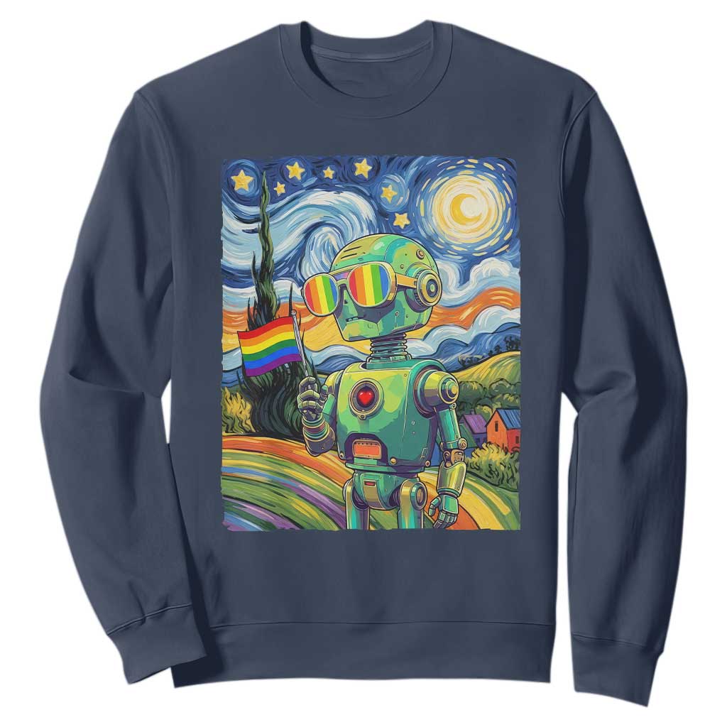 Funny Rainbow Starry Night Robot Pride Sweatshirt LGBTQ Geeky Gift TS12 Navy Print Your Wear